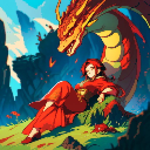 fire dragon with shimmering red scales, hoard of gold coins glimmering in the background, dragon leisurely lounging on top of a massive pile of gold coins, dragon's majestic form taking up the full canvas with intricate pixel art details in a vibrant sRGB color palette