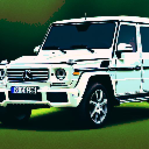Photorealistic whole Mercedes-Benz G class, three-quarter view, right front wheel, clean background, sRGB colors, pixel art style