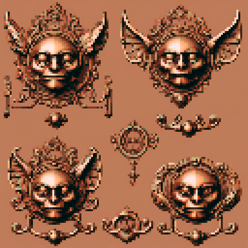 simple, geometrical pieces copper from old door knocker and gargoyles. Steampunk. It should be seen as if on a wall, with no perspective, on a solid-color background. There should one be two or three pieces in each frame, it shouldn't be complete.