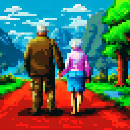 Grandparents, dressed in camouflage, standing back to back with machine guns in hand, their pixelated forms blending into the sRGB background