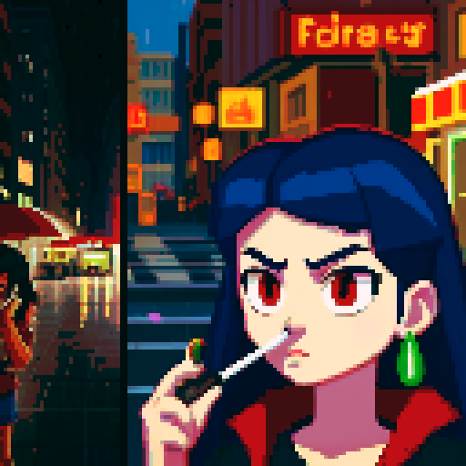 Girl on the right smoking a cigarette, guy on the left holding a gun, gritty, rainy, nighttime, downtown