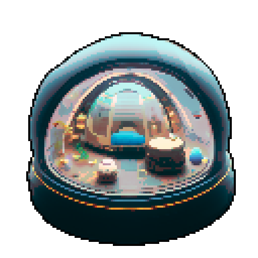 Inside of a sphere spaceship shaped like a gachapon with a clear top half looking out to space. dark metal alien theme