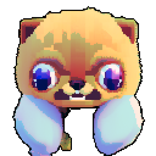 Pomeranian, fluffy, vibrant colors, pixel art, playful expression, lively eyes, tiny paws, animated tail, adorable posture, endearing facial features, intricate pixel details