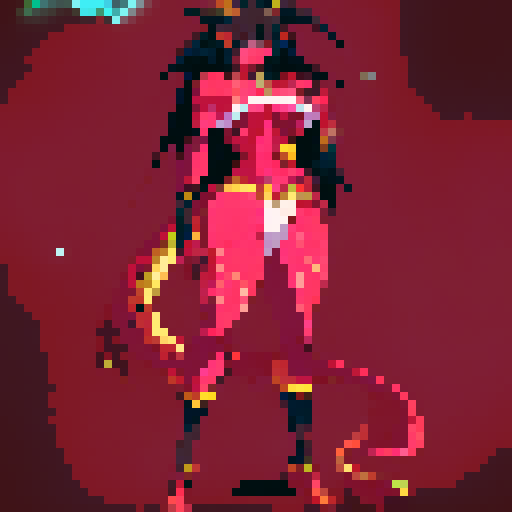 Towering devil girl, scantily clad with a fit physique, barefoot with a long demon tail and spikey black hair, sporting golden demon horns and glowing eyes in a captivating anime style.
