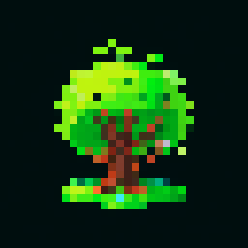 medium-sized, vigilant Grove Guardian with smooth bark, vibrant green leaves, sturdy trunk, protective vines, glowing blue eyes radiating calm and watchfulness, alert and determined expression, flowering plants growing along limbs, pixel art, sRGB