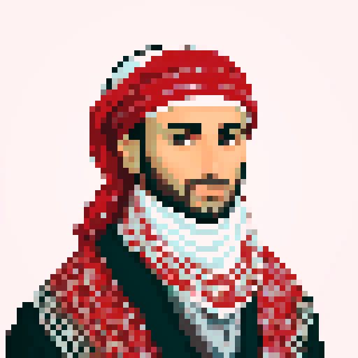 Create an image of a traditional Middle Eastern ghutrah (keffiyeh) with a classic white and red checkered pattern. The ghutrah should be draped over the head of a man.