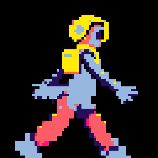 cyberpunk space trader sprite, pixel art, futuristic design, cybernetic arm with intricate detailing, glowing yellow-orange visor over the eyes, trench coat with glowing lines, white, blue and teal color palette with neon pink accent, yellow visor tint, distinct sci-fi aesthetic, confident posture, mid-step left first, left left bent and raised, arms extended, pixel art, sRGB