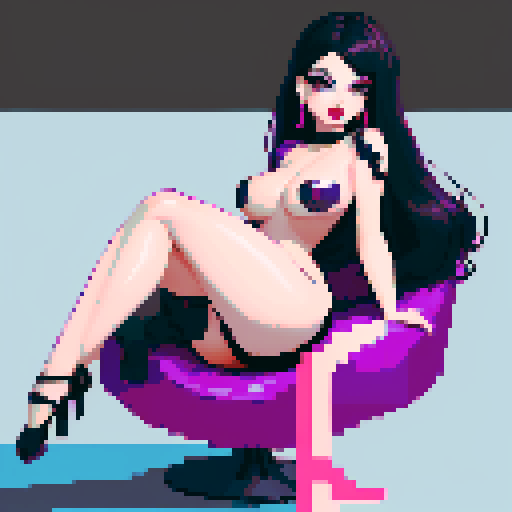 curvy, cute goth girl with black hair, purple eyeshadow, and red lipstick, in a nude glamour shot, rendered in pixel art with vibrant sRGB colors