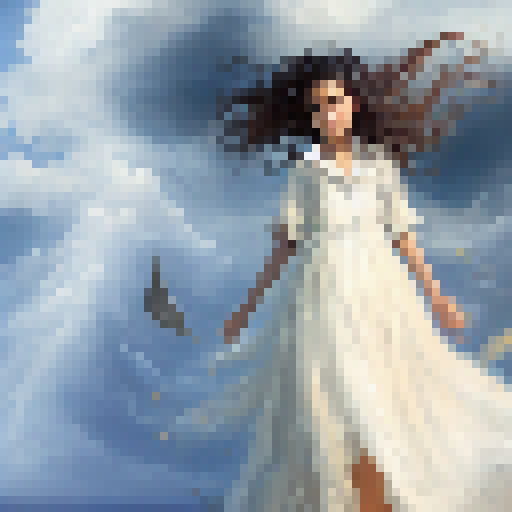 Magic-wielding girl on a deserted beach, surrounded by mythical creatures, facing a stormy sky as she conjures a protective shield.