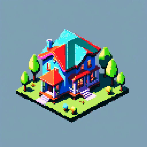 simple, silly house, pixel art, sRGB, vibrant colors, cartoonish, exaggerated proportions, quirky roof, cheerful atmosphere, playful details