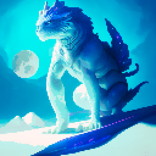 a basilisk that is blue and white looking at the moon hoping to reach their one day. background any color not blue and white