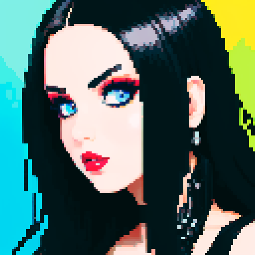 curvy, busty goth girl, face portrait, close up, glamour shot, leather bikini, modern tile backsplash, vivid colors, pixel art, sRGB