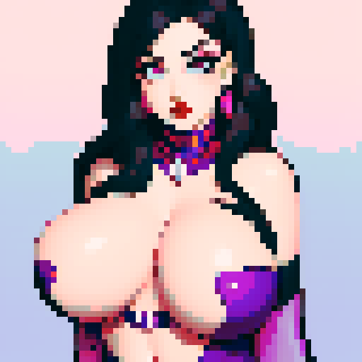 curvy, cute, goth girl,  black hair, purple eyeshadow, red lipstick. Nude glamour shot.