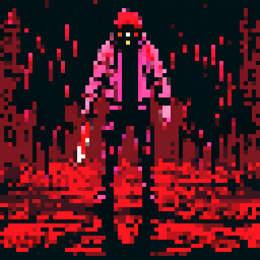 blood splatters, gory mess, pixelated gore, vibrant reds, intense contrast, gruesome scene, low-resolution violence, graphic horror, jagged edges, brutal carnage, digital bloodstains, macabre details, textured viscera, animated gore, dark and gritty pixelation