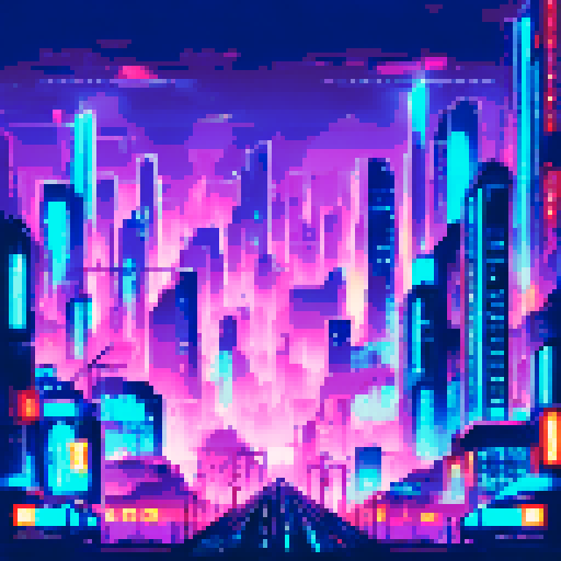 cyberpunk cityscape, neon-lit alleys, dark background, tile, wall, towering skyscrapers, dystopian streets,  futuristic architecture, technologically advanced society, pixel art aesthetics, dystopian landscapes, high-tech gadgets