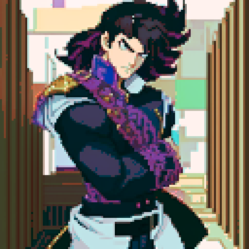 Anime Male, Dashing Right, vibrant colors, intricate details, bold lines, smooth shading, singular pixel art portrait, sRGB, top quality, Masterpiece, pixel art, Weapon in hand, Monster Attached to body