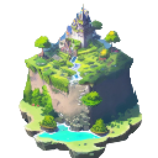 Floating castle with cascading waterfalls, surrounded by fluffy white clouds, perched on a mountain peak overlooking a vast, lush green landscape, depicted in a portrait style.