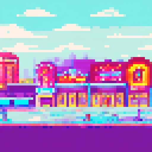 Neon-lit casino street, bustling with pixelated characters, vibrant sRGB colors illuminating the background landscape