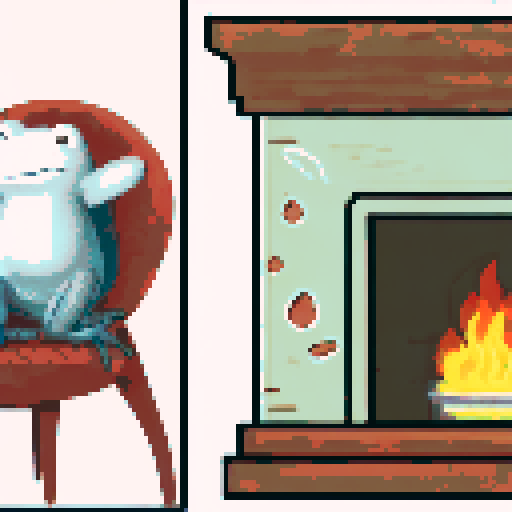 In the cozy ambiance of a dimly lit room, a small, jovial frog perches comfortably upon a plush couch chair, its diminutive size emphasized by the vastness of the furniture. The flickering flames of a nearby fireplace cast a warm glow, enveloping the space in a soft, golden light, creating an atmosphere of comfort and relaxation. With a mug clasped delicately between its tiny webbed fingers, the contented frog takes a sip of steaming coffee, its expression reflecting pure bliss.