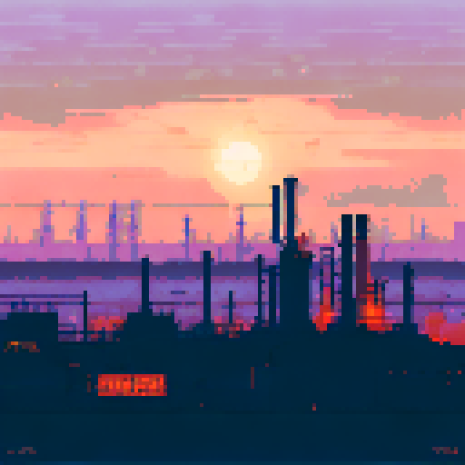 Towering smokestacks belching thick black smoke against a pastel sunrise, surrounded by factories with neon-glowing signs reflecting in a murky river