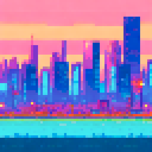 Pixelated city skyline at dusk, towering skyscrapers with neon lights reflecting off the calm waters of a futuristic harbor, a vigilant hero standing atop a dilapidated building, surrounded by the remnants of a once-thriving metropolis