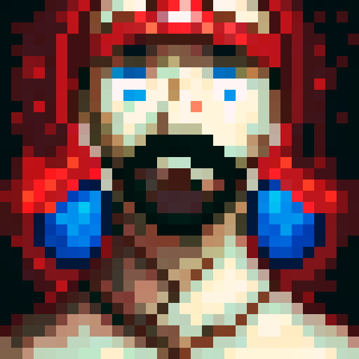 player character, Mario, with bold colors, pixelated details, iconic red hat, blue overalls, white gloves, bushy mustache, wide eyes, determined expression, 32x32 pixel art, sRGB, skillful shading, close-up portrait