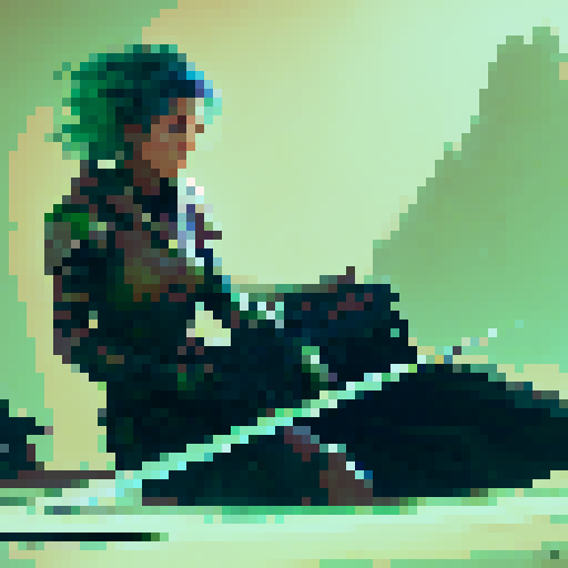 female warrior, with vibrant green hair, wielding a futuristic high tech weapon