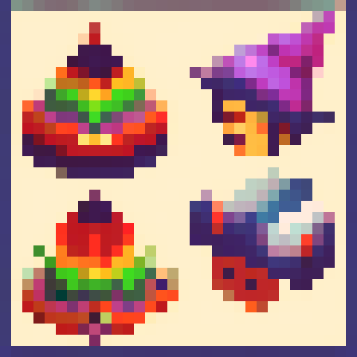 witch hat sprite sheet, four cardinal directions, 32x32, pixel art, vibrant colors, whimsical design, intricate details, flowing fabric, pointed brim