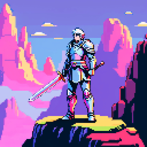 Paladin in shining armor, wielding a sword and shield, surrounded by a mystical aura, standing atop a cliff overlooking a pixelated landscape, with a vibrant sRGB color palette