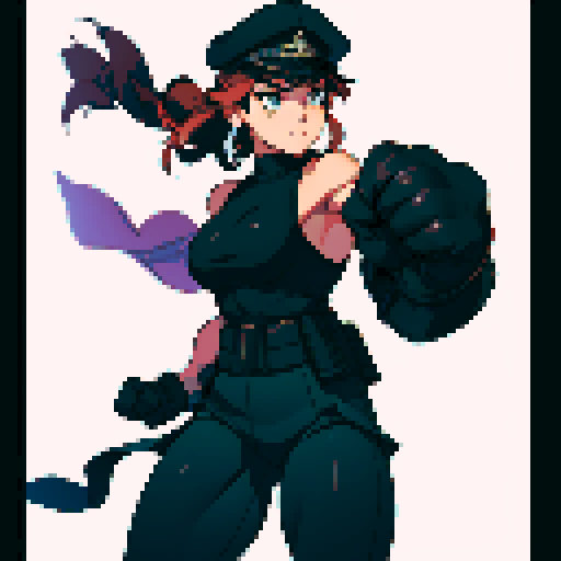 full-body image, muscle girl, female, thick biceps, big shoulders, big fists, muscular physique, thick waist, facing left, ready to fight, exaggerated proportions, black military uniform, black hat, military backdrop, sRGB, pixel art, no background, no backdrop, facing left, fists raised, ready to fight, full-body