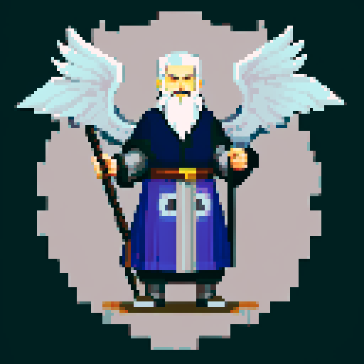 old raven-like druid with grey beard, with staff in hand