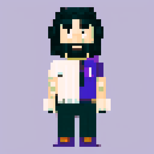 Buff white man, arms crossed, long black hair, purple aura, purple eyes, wearing only black baggy pants, pixel art