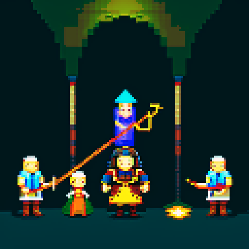 three men, archmage and his apprentices , magic staff, light at the archmage, dark place, king with staff, cant see eyes, eyes in shadow