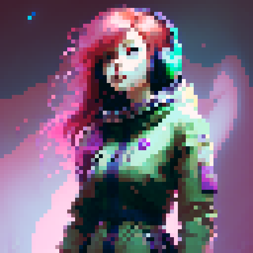 cute redhead with green eyes, anime style, pink and black dress headphones, cat on a gaming desk, cleavage, plants in the background, fantasy RPG, painting on the wall