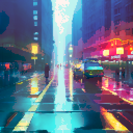 rain-soaked streets, towering skyscrapers, vibrant neon lights, cascading water droplets, misty reflections, umbrella-clad pedestrians, foggy silhouettes, glistening pavement, moody atmosphere, dramatic cityscape