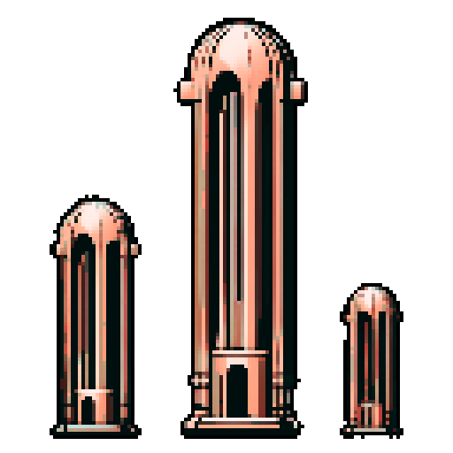 I want a tall vertical copper structure reminiscent of a organ pipe. It should have strange mechanical details that could interlock with each other. I also want this object usable an asset in a videogame, meaning only one object per image, outlined with a strong black stroke, on a solid-color background.