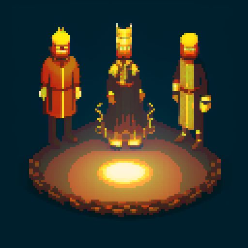 three men, king and his retinue, crown, light at the kind, dark place, king with sword, cant see eyes, eyes darken