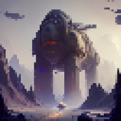 "Craft a concept art of a towering, golem-like industrial security structure guarding a glittering, subterranean mine in a fantastical RPG world of towering mountains, lava rivers, and steam-filled skies for the engineering of industrial and mining safety purposes."