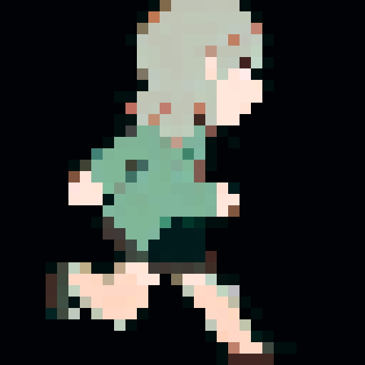 cutesy protagonist running, game icon, 32x32 pixel art, sRGB, skill art, close up, portrait, vibrant colors, dynamic pose, sparkling effects, exaggerated expressions, stylized hair, glowing eyes, pixelated background, whimsical atmosphere, cute running shoes, animated action lines, charming smile