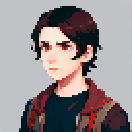 portrait, sprite art, character art, stardew valley, young man, depressed, medium length hair, dark hair, dark eyes, neutral, normal, sad, boring clothes, mysterious
