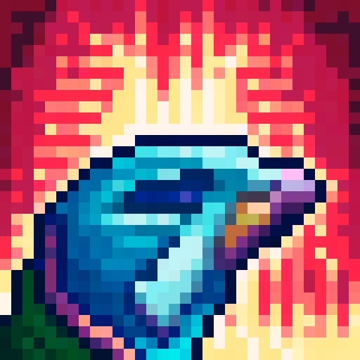 cute amazon river dolphin, vibrant colors, pixelated waves, lush green rainforest, sRGB, pixel art, tropical sunset, sparkling river, misty waterfall, mist-covered mountains, serene landscape