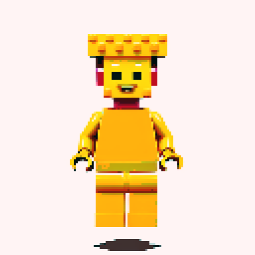 lego pixel, vibrant colors, blocky shapes, small plastic bricks, isometric perspective, retro video game, low resolution, 8-bit graphics, sharp edges, square grid, limited color palette, nostalgic feel, brick-built characters, iconic lego logo, digital recreation, detailed textures, crisp lines, simplified forms, nostalgic gaming vibes gold color body 