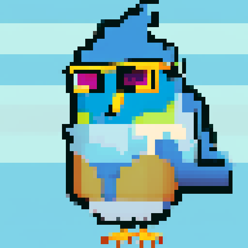I want this same blue bird in all images but I want him to have a variety of backgrounds and perhaps items like sunglasses or not, different hair, hats, neckties, etc... basically i need a bunch of same birds styled differently. he should not have a headband. 