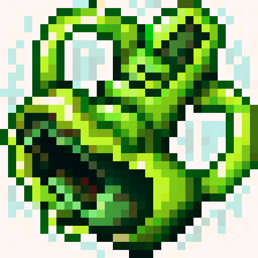 A twisted green Hei Tiki head, wide-eyed and contorted, exuding a mix of mischief and madness, stylized with bold lines and exaggerated features as a 32x32 pixel game icon, rendered with skillful pixel art in sRGB colors