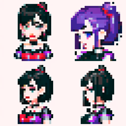 curvy, cute goth girl with black hair, purple eyeshadow, and red lipstick,  glamour shot, rendered in pixel art with vibrant sRGB colors