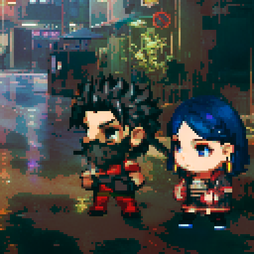 blue haired girl smoking cigarette, and man on the left holding gun, night time rainy streets, grim