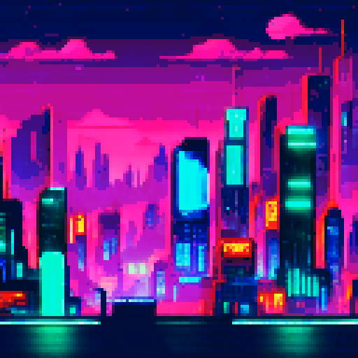 Glowing neon signs, towering skyscrapers, and flickering streetlights illuminate the cyberpunk cityscape as it stretches endlessly into the night, all in stunning pixel art