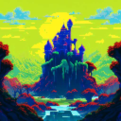 evil medival fantasy landscape, dead trees on floor, wasteland, jagged rocks, evil tower in background, sRGB, pixel art, background, landscape