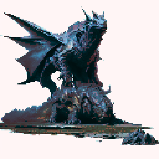 Large prowling black dragon with large stretched wings, a long tail, head resting on the ground, dark fantasy