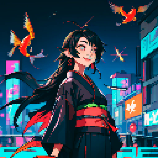 pixel art,high resolution,1girl,long hair,black hair,kimono,traditional clothes,cyberpunk,futuristic,neon lights,cityscape,night sky,2animals,goldfish,fish,metallic,flying,propeller,tail fin,wings,antenna,eye,glowing,smiling,looking at fish,